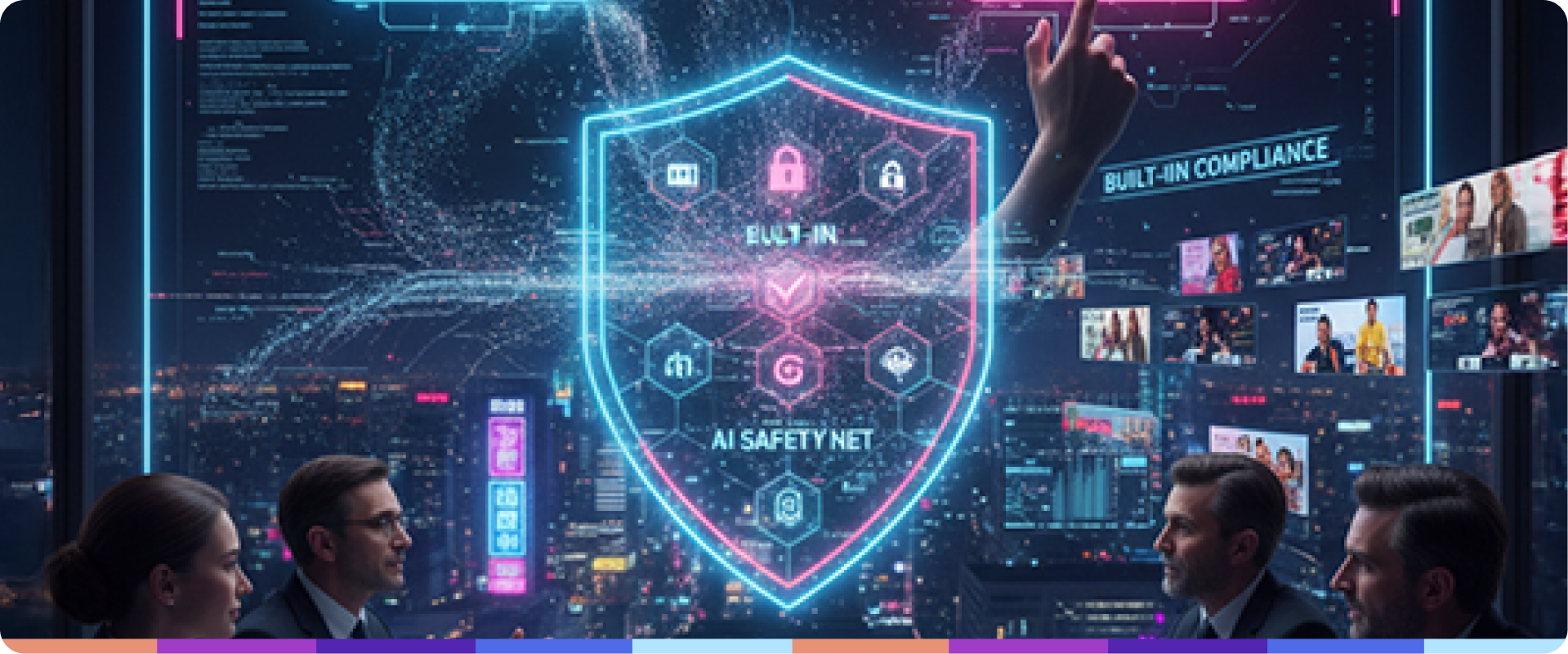 Graphic showing an autonomous AI advertising platform interface overlayed with a regulatory compliance shield