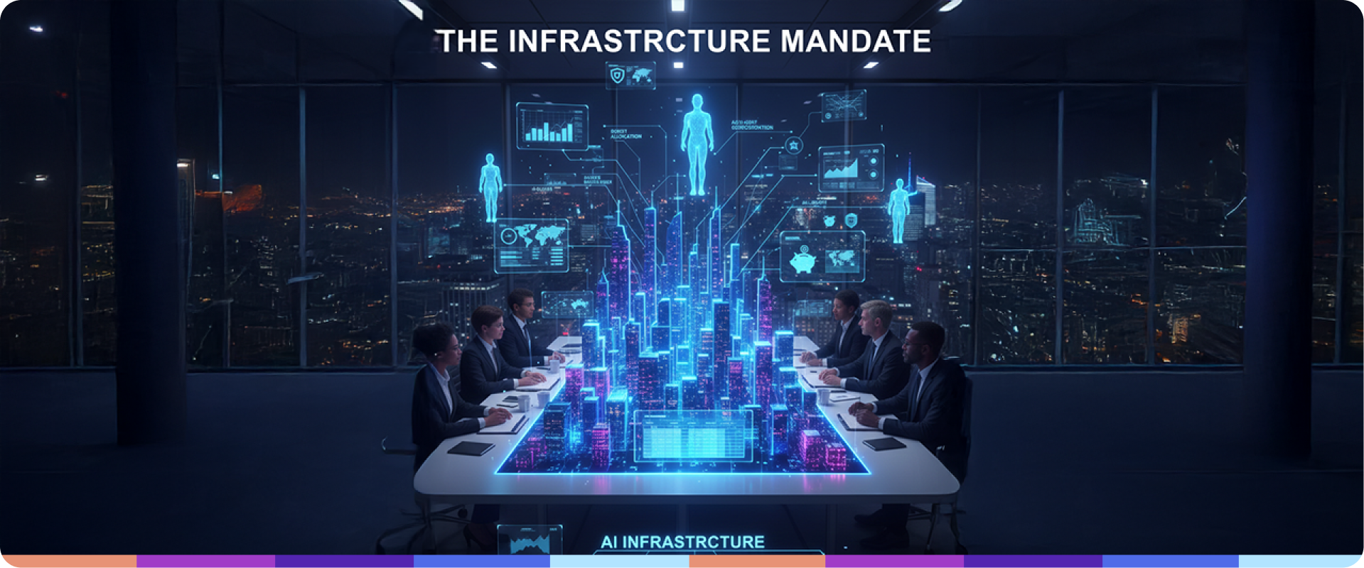 Conceptual image of AI agents integrating into a core business system, linking CFO, CIO, and CMO decision-making.