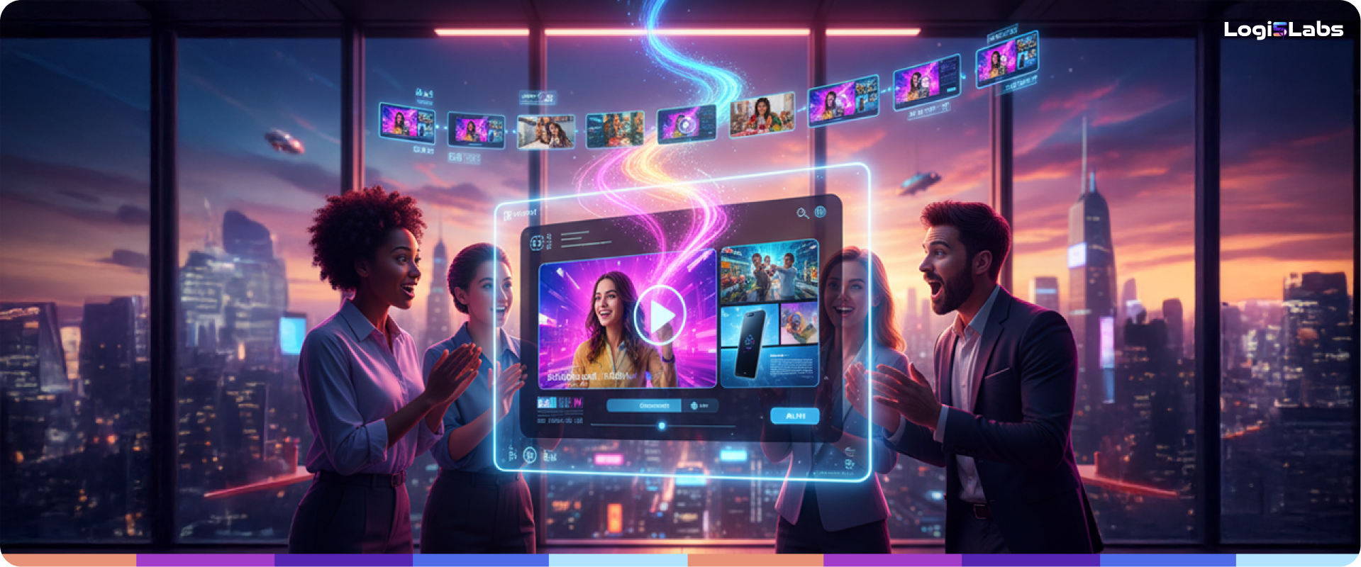 A conceptual graphic of AI instantly generating video content on a platform screen.