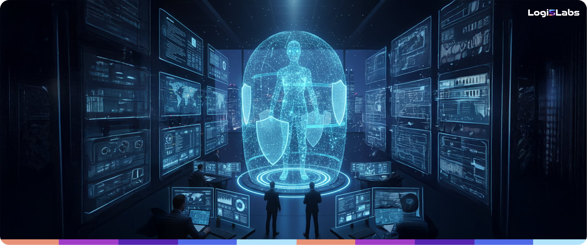 Conceptual graphic showing automated AI governance as a safety net under a complex, fast-moving agent workflow.