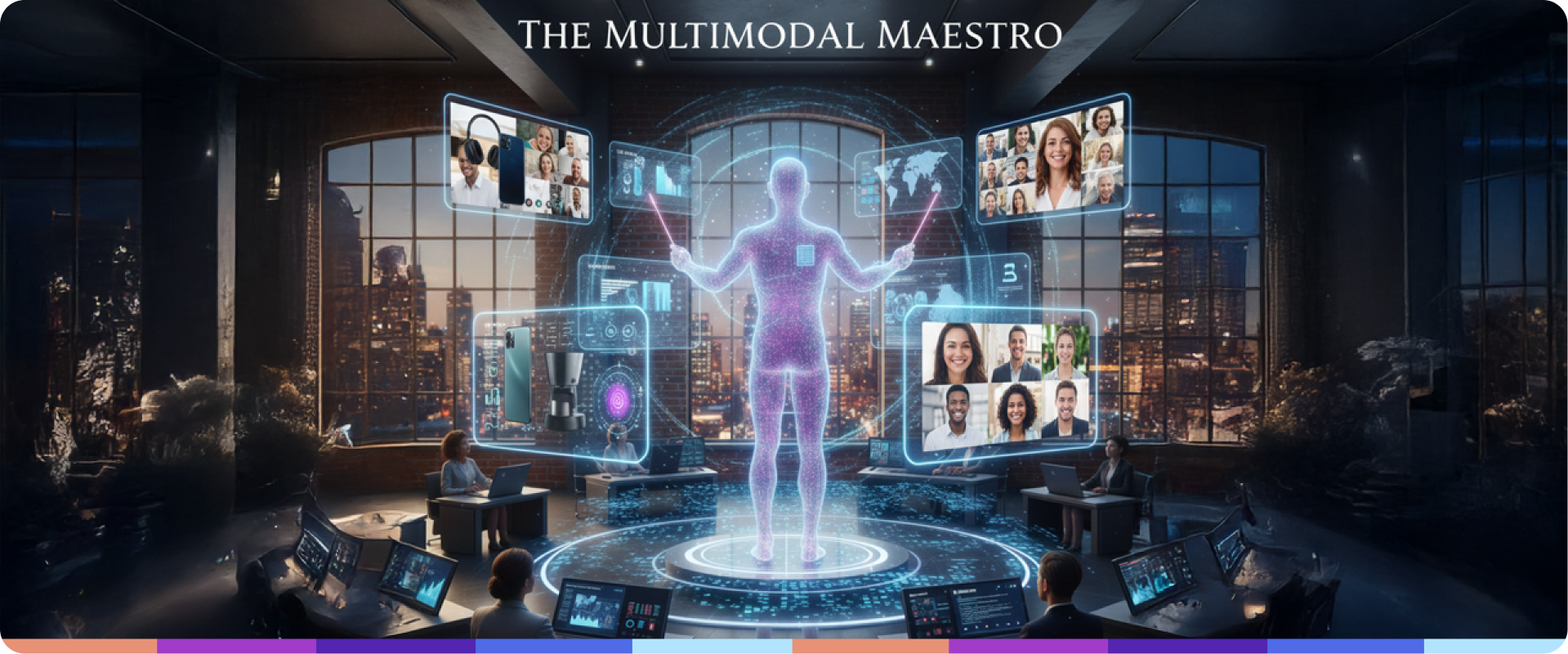 Contextual Multimodal Agent conducting an integrated marketing workflow, visualized as an orchestra blending data, text, and video streams.