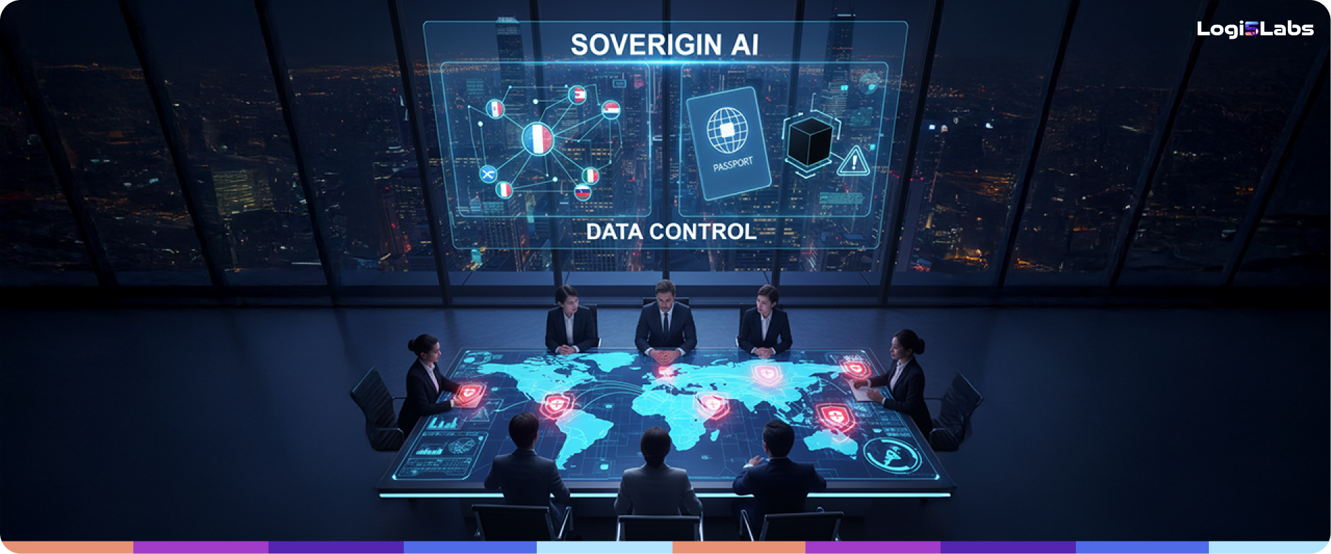 Graphic showing interconnected global map with data centers and regulatory barriers symbolizing the need for Sovereign AI