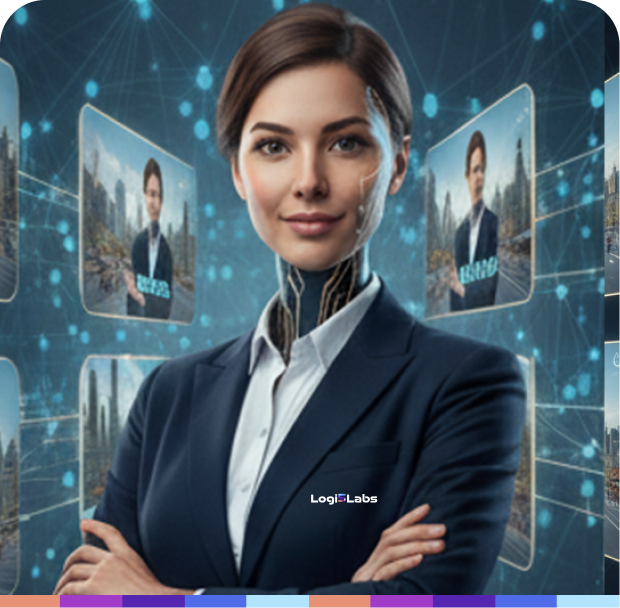 A professional, hyper-realistic Governed AI Avatar giving a presentation on brand consistency