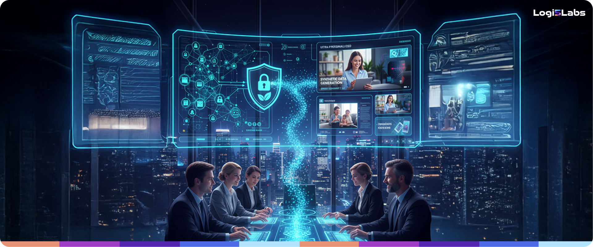 Graphic showing synthetic data generating personalized AI video while protected by a digital shield