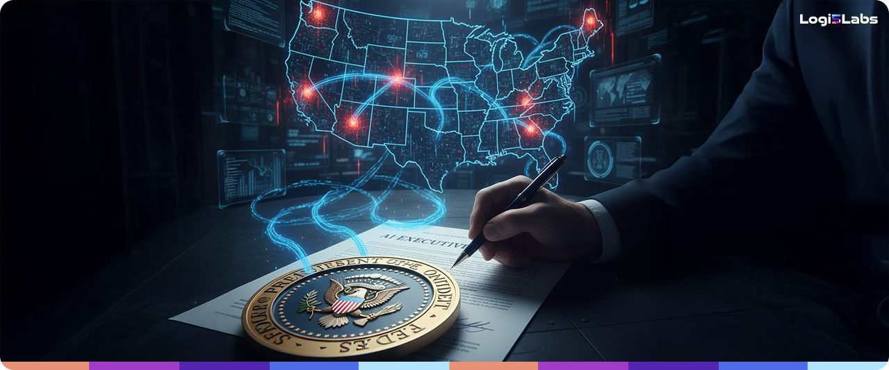 A conceptual digital map of the United States highlighting the conflict between federal AI policy and state-level regulations under the 2025 Executive Order.