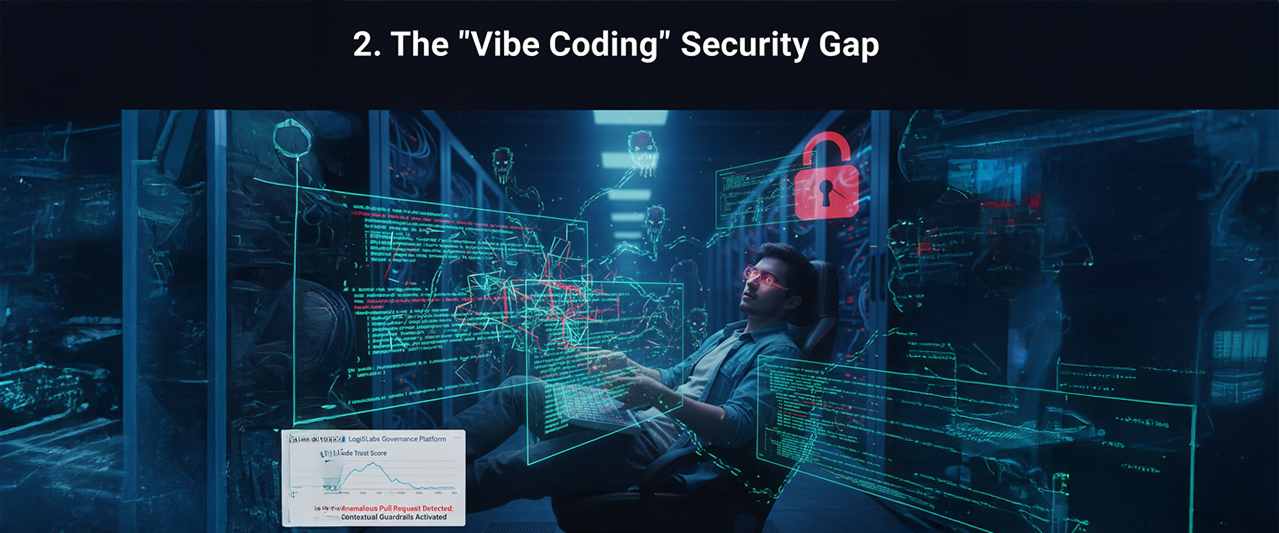 A conceptual visualization of AI-generated code with a digital shield representing security governance.