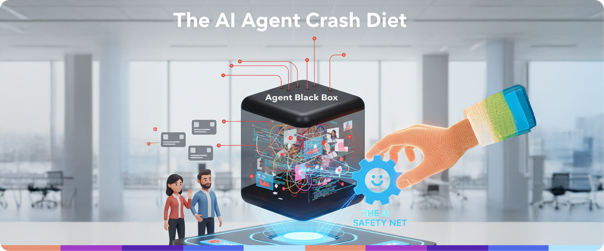 Diagram showing a failing or complex, tangled AI agent system network with clear points of failure highlighted, representing the 'crash diet'.