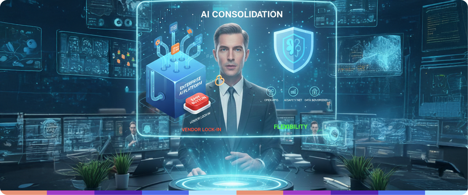 Diagram showing how AI consolidation leads to vendor lock-in, illustrating a single, massive enterprise platform trapping smaller AI tools.