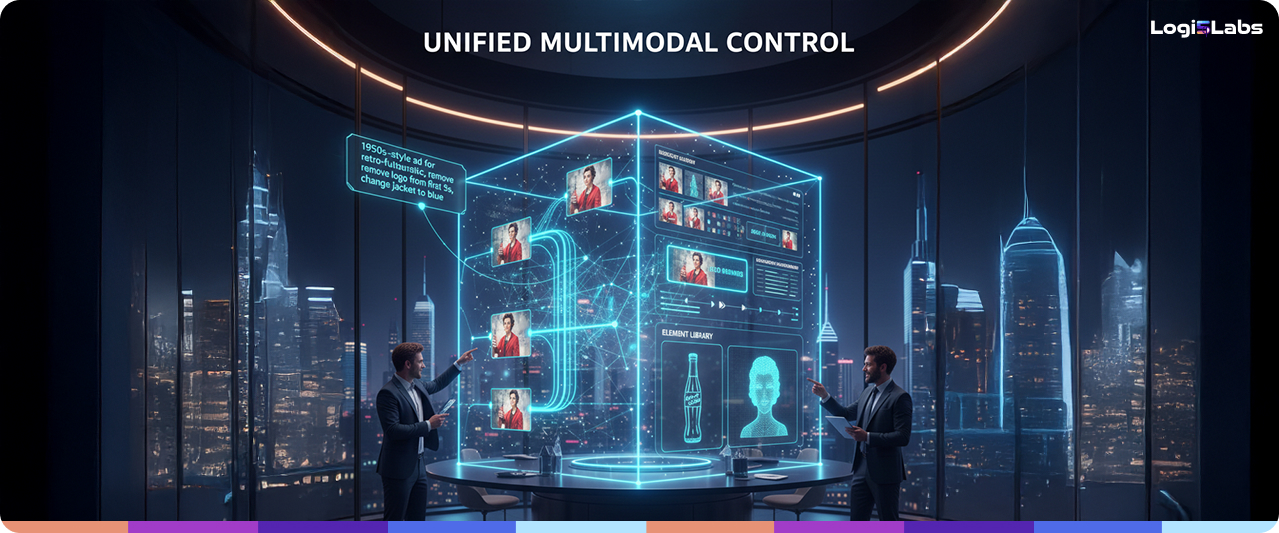 Diagram showing the inputs (text, image, audio) leading to unified multimodal control over high-quality AI video generation